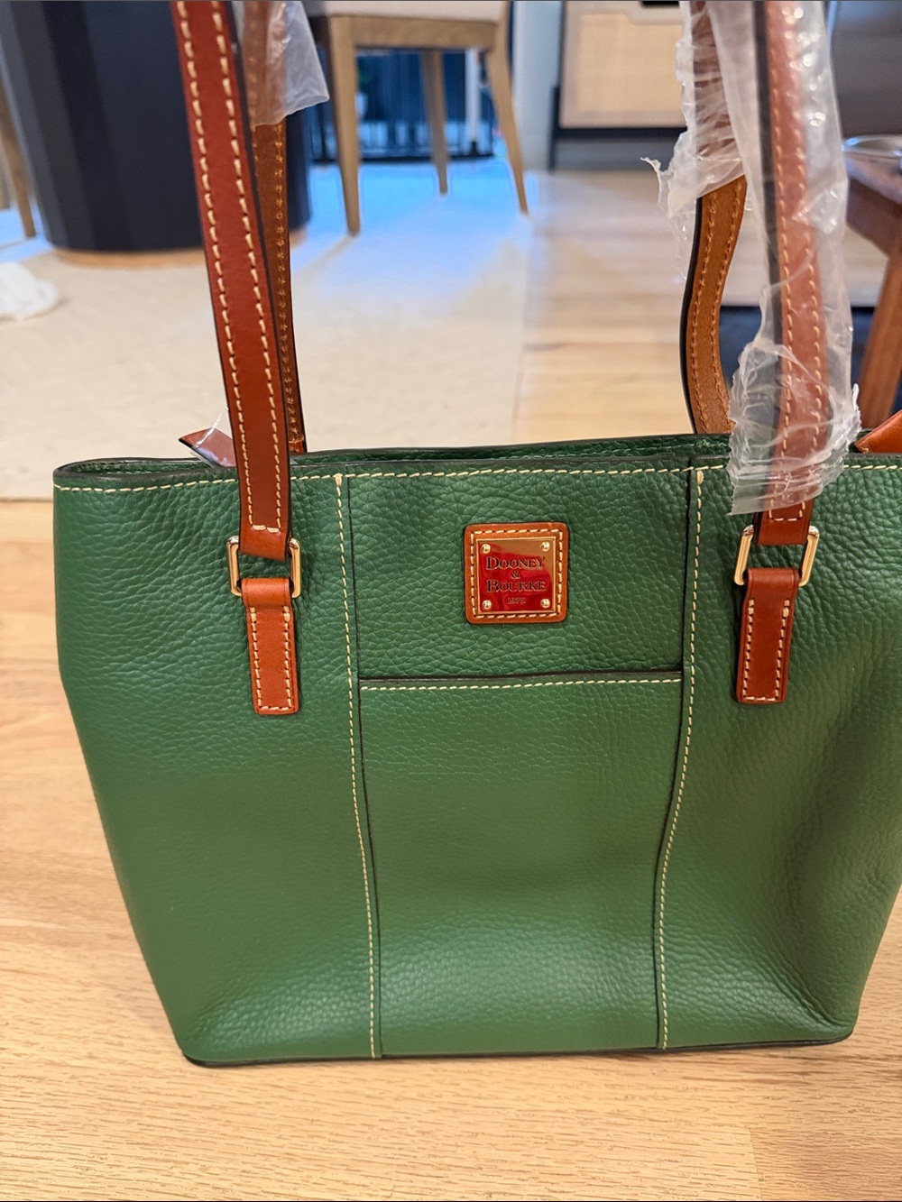 Dooney & Bourke Green Pebbled Leather Tote with Brown Straps